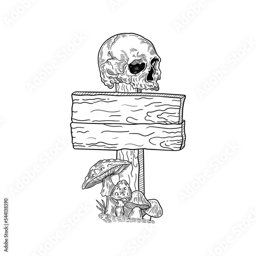 
Vector black and white illustration of a sign with a skull at the top and poisonous mushrooms at the bottom
