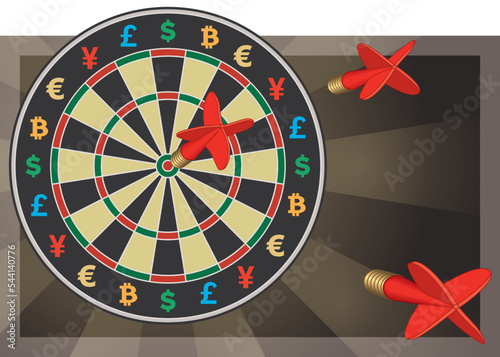 business dart board with different currency symbols and darts hitting bulls-eye with radiating background