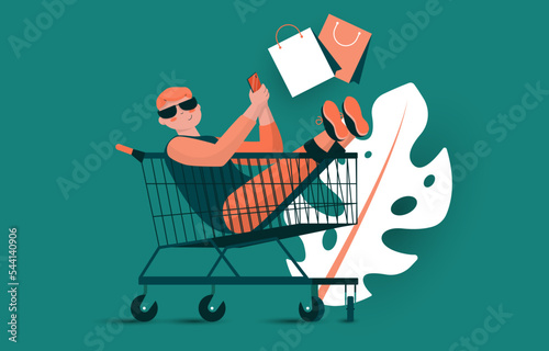 man sitting on shopping cart. happy shopping