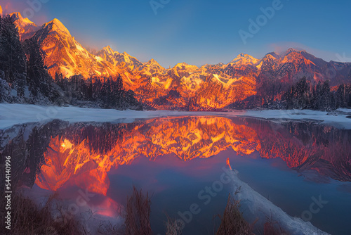Amazing winter mountain landscape morning sunset made by Artificial intelligence