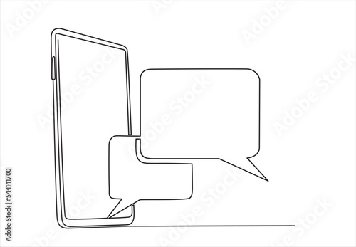 Continuous one line drawing of a chat messages on smartphone. Chat on mobile. send message and text with speech bubble, flat illustration vector of cell phone conversation in doodle style