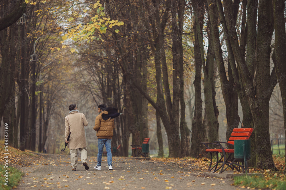 Multicultural friendship of people of different ages. Friends are walking in the autumn park. Multicultural friendship of people of different ages. Friends are walking in the autumn park.
