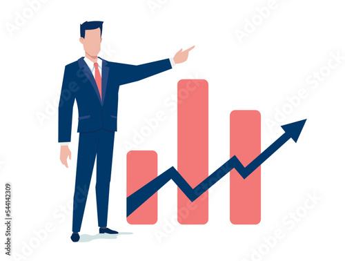 Vector business illustration of business man and bar graph of grow on white color background. Flat style design of man and red arrow
