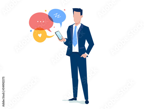 Vector business illustration of business man with phone and speech bubble on white color background. Flat style design of communication man