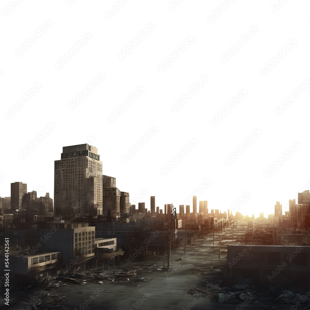 A vast cityscape skyline. Post apocalypse ruins. Post war town. Destroyed highway crossing city. Sunset. Isolated transparent background. 
