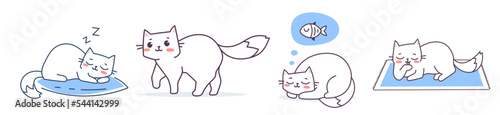 Vector set of illustration of happy cute cat character in different sleeping pose with fish on white color background. Flat line art style design of animal cat