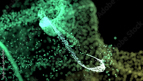 3D rendering of turbulent stream or cluster of glowing, colorful particles.