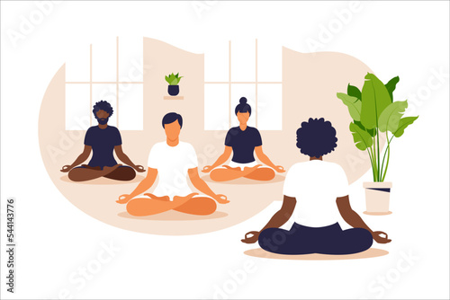 Yoga group. Position balance and stretching. People sitting together in the lotus position, they are practicing mindfulness meditation and yoga, healthy lifestyle and spirituality concept. Vector.