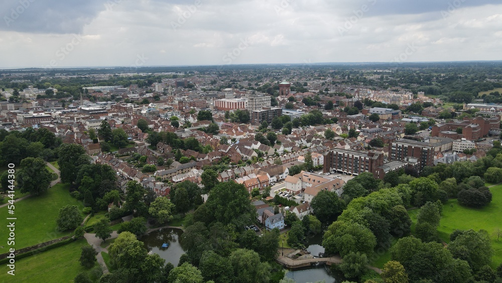 Colchester City centre  streets houses Essex UK drone aerial view .