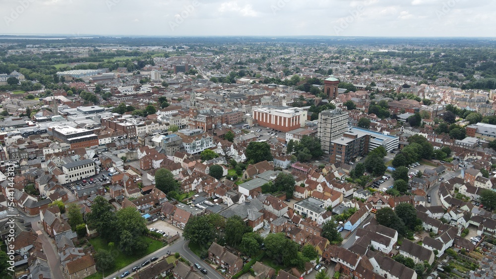 Naklejka premium Colchester City centre shops and houses Essex UK drone aerial view