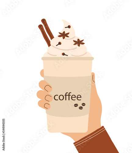 Latte with spices in hand on white background. Hand holding coffee in paper cup. Hot delicious drink with whipped cream. Cozy illustration. Flat vector isolated illustration.