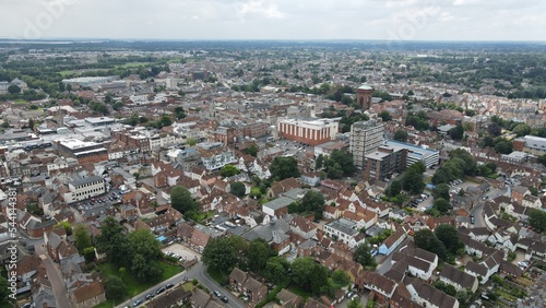 Fototapeta Naklejka Na Ścianę i Meble -  Colchester City centre shops and houses Essex UK drone aerial view