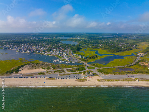 Photography West Dennis Beach aerial view and West Dennis Yacht Club on Bass River mouth in town of Dennis, Massachusetts MA, USA