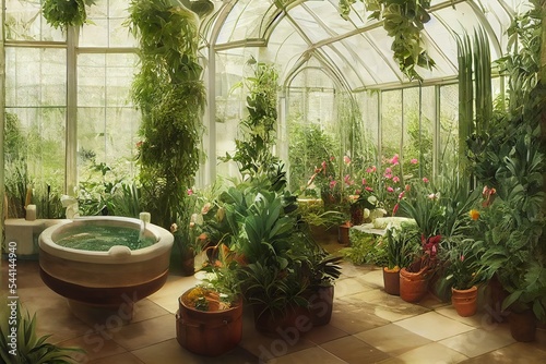 Futuristic style Victorian Spa and wellnes centre in botanical garden interior illustration design