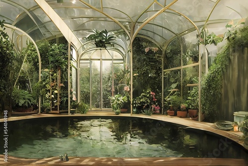 Victorian Spa and wellnes centre in sci-fi botanical garden interior illustration design
