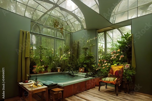 Victorian Spa and wellnes centre in futuristic botanical garden interior illustration design