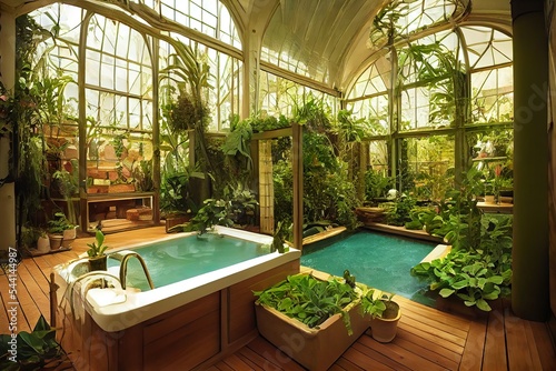 Victorian Spa and wellnes centre in steampunk style botanical garden interior illustration design