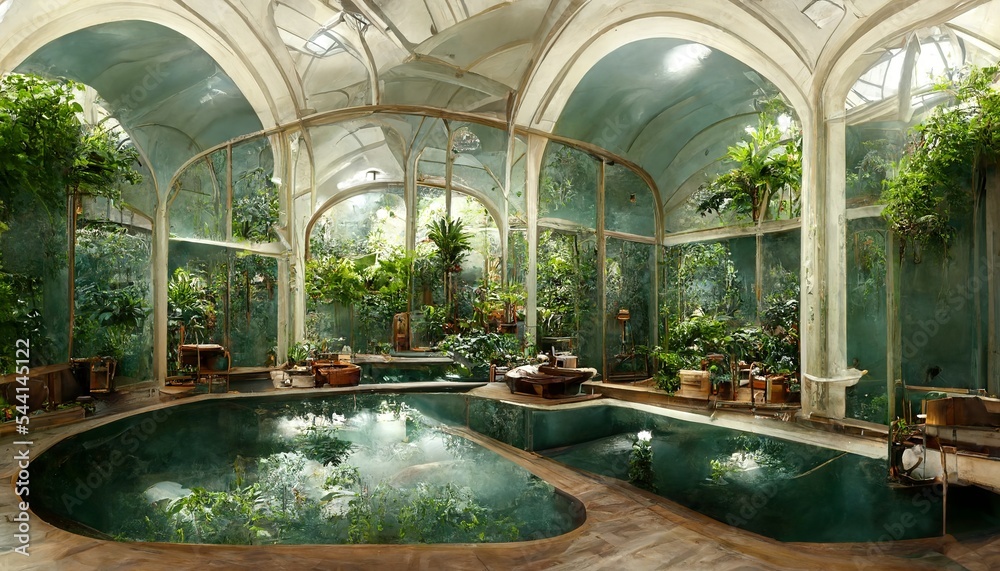 Victorian Spa and wellnes centre in spacey botanical garden interior illustration design - obrazy, fototapety, plakaty 