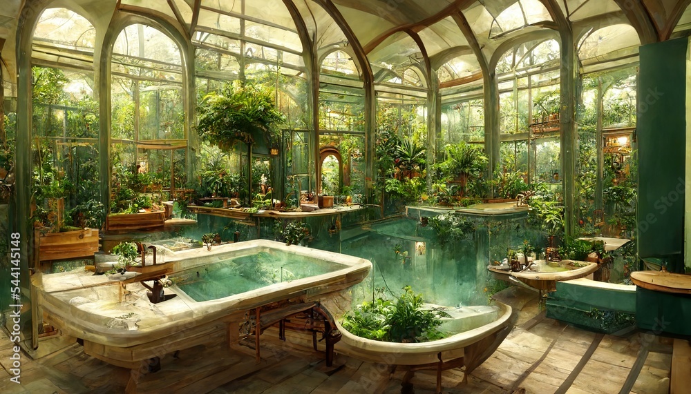 Victorian Spa and wellnes centre in botanical garden interior with stone flooring illustration design - obrazy, fototapety, plakaty 