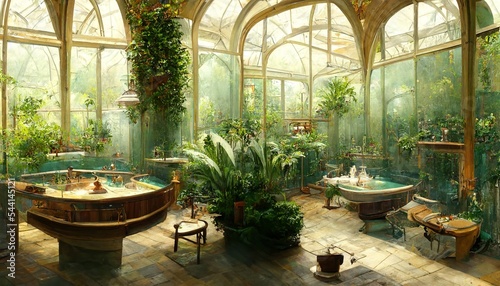 Victorian Spa and wellnes centre in steampunk botanical garden interior illustration design