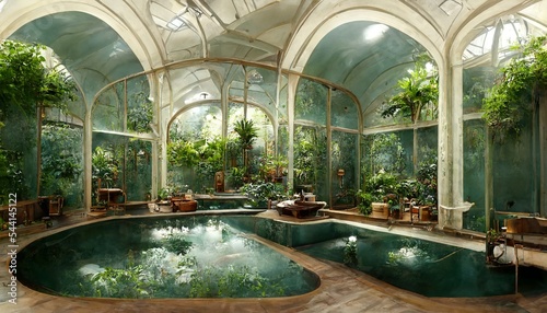 Victorian Spa and wellnes centre in spacey botanical garden interior illustration design