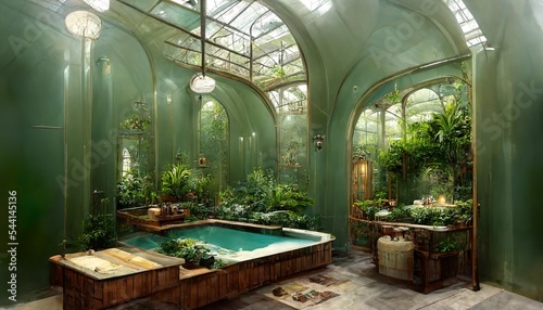 Victorian Spa and wellnes centre in botanical garden steampunk interior illustration design