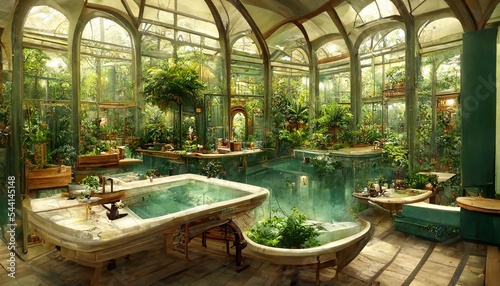 Victorian Spa and wellnes centre in botanical garden interior with stone flooring illustration design