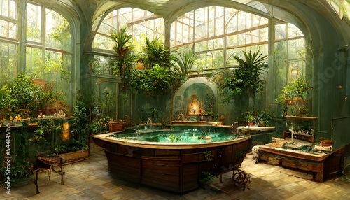 Victorian Spa and wellnes centre in botanical garden in glass dome interior illustration design