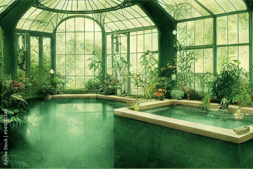 Victorian Spa and wellnes centre for relax and leisure in botanical garden interior illustration design - obrazy, fototapety, plakaty 