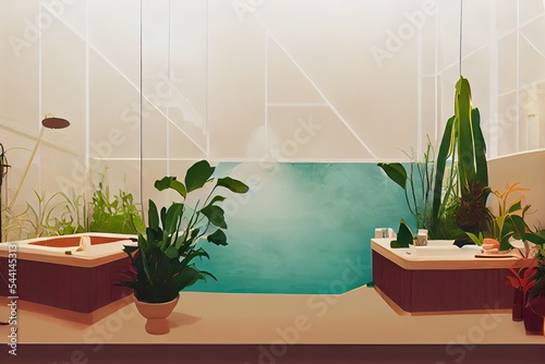 Victorian Spa and wellnes centre with plants in botanical garden interior illustration design
