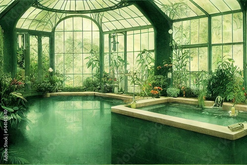 Victorian Spa and wellnes centre for relax and leisure in botanical garden interior illustration design