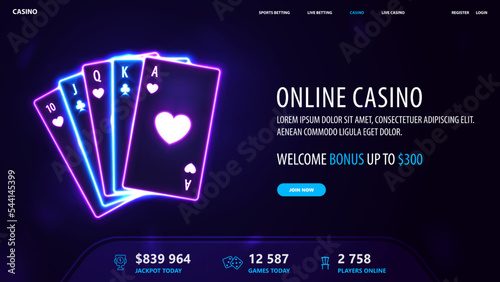 Online casino, banner with offer and pink and blue neon playing cards in dark empty scene.