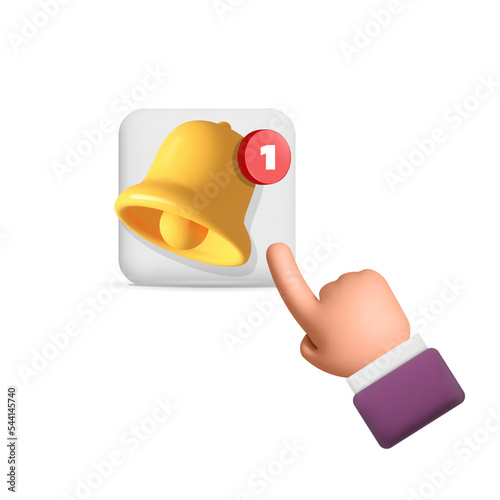 3d vector cartoon render new message notification bell icon with man hand click or pointing on it isolated on white background. Yellow ringing bell subscribe symbol for social media reminder.