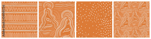 Sacred maternity seamless pattern. Mother holding a baby in her hands vector print. Woman with long hair with sun nimbus above her head nursing a newborn child in natural earthy colors surroundings.