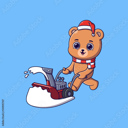 cute bear removing snow with snow blower