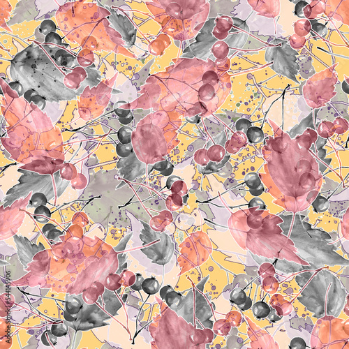 Branches of a mountain ash  rowan berries  autumn background  autumn leaves watercolor. Art Autumn background with cherry  rowan  viburnum. Branches  abstract paint splash  lines. fashion design.scarf