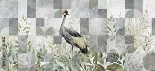 Fototapeta samoprzylepna Beautiful crone on  geometric wall pattern, can be used as wallpaper. Geometric mural with leaves.