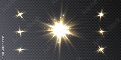 Set of light effects. A flash of warm light, a star on a transparent background. Sun, summer. light sunlight. Vector