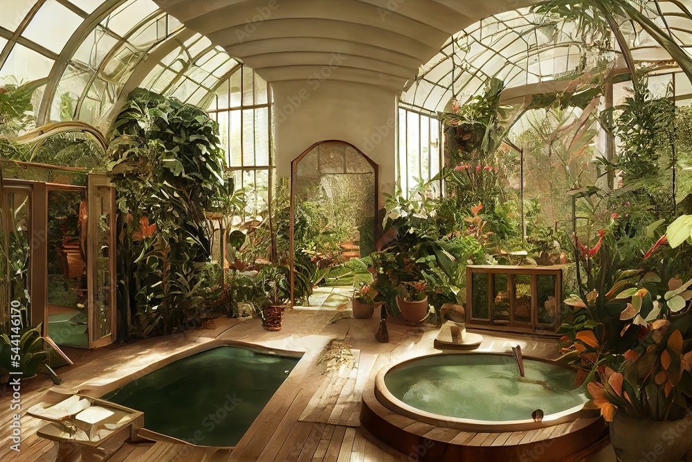 Victorian Spa for relax and wellnes centre in botanical garden interior illustration design - obrazy, fototapety, plakaty 
