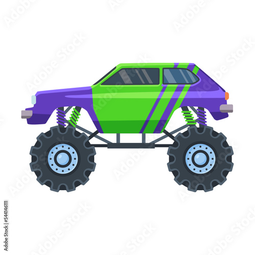 Green monster car. Colorful cartoon truck on big wheels, toys for children isolated on white. Vector illustrations for racing, competition, automobile constructor, robotics concept