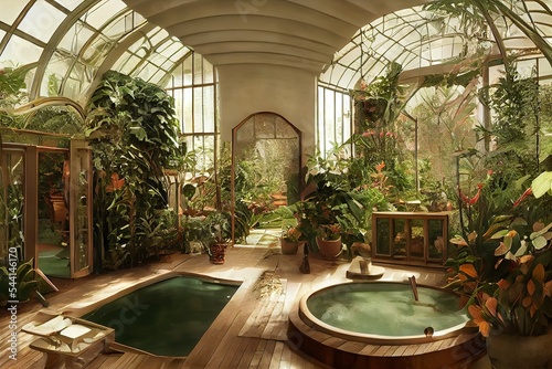 Victorian Spa for relax and wellnes centre in botanical garden interior illustration design