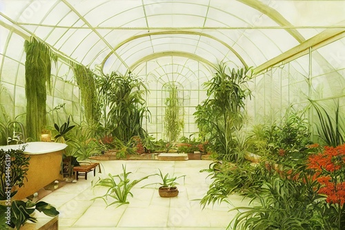 Victorian Spa and wellnes centre with lights in botanical garden interior illustration design