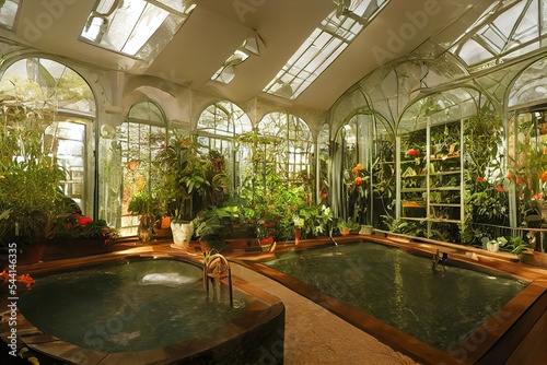 Victorian Spa and wellnes centre with wooden pools in botanical garden interior illustration design