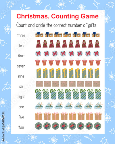 How many gifts counting educational game for kids Christmas topical vocabulary vector illustration, educational puzzle, printable worksheet for leisure or study game, teachers resources