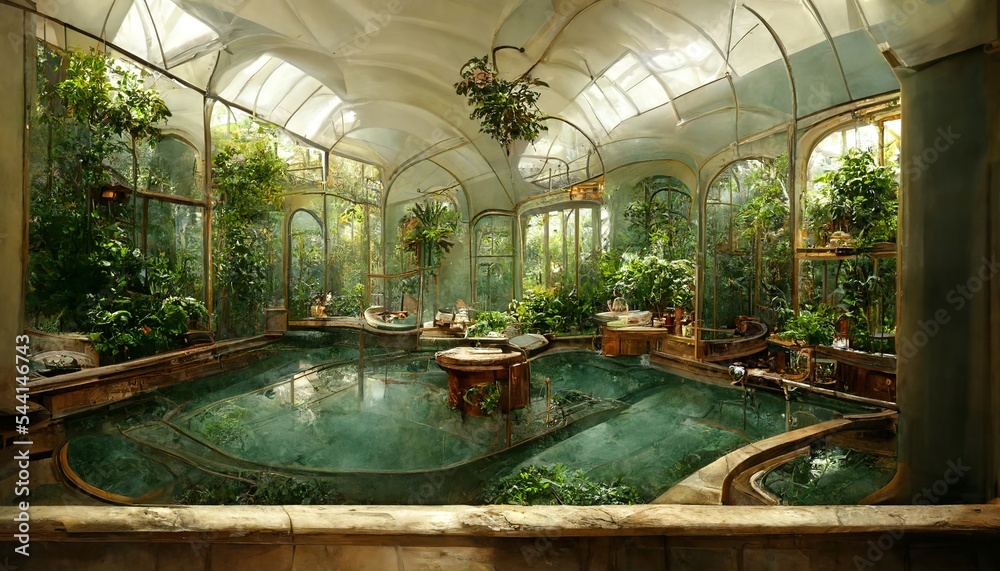 Victorian Spa and wellnes centre thermal pool in botanical garden interior illustration design - obrazy, fototapety, plakaty 