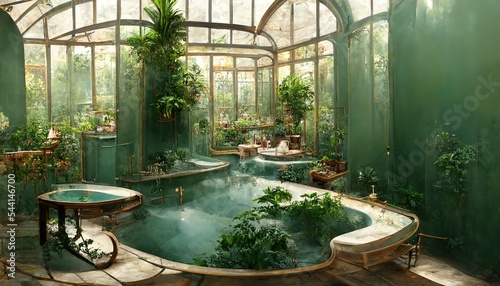 Victorian Spa and wellnes centre in botanical glass house interior illustration design