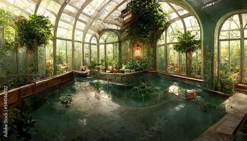 Victorian Spa and wellnes centre in botanical garden dome interior illustration design