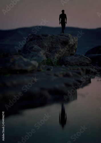 Man walks on a rock by river at sunset. 3D render.