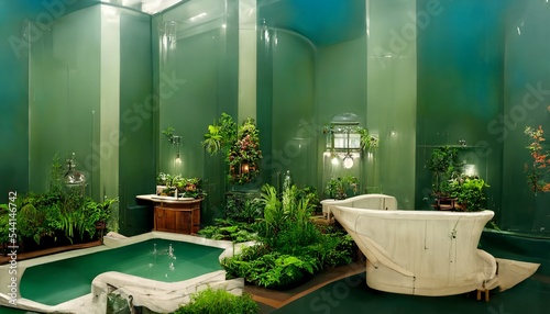 Victorian Spa and eco-friendly wellnes centre in botanical garden interior illustration design