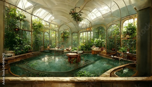 Victorian Spa and wellnes centre thermal pool in botanical garden interior illustration design